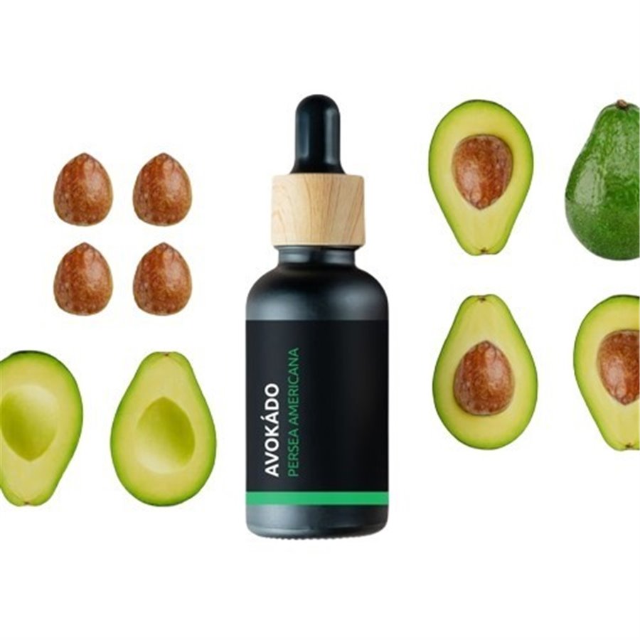 Skleněná lahvička s 10 ml 100% přírodního esenciálního oleje avokádo od značky Pěstík, vhodná pro muže.