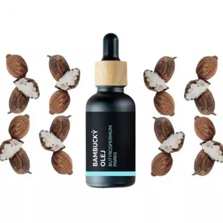 Skleněná lahvička s 10 ml 100% přírodního esenciálního bambuckého oleje značky Pěstík, bezpečná pro těhotné a kojící ženy.