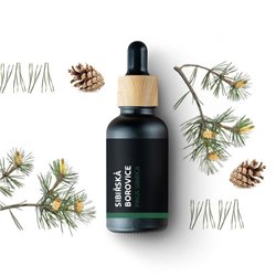 Skleněná lahvička s 100% přírodním esenciálním olejem z sibiřské borovice od značky Pěstík, vhodná pro redukci vrásek, 10 ml.