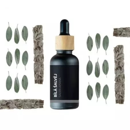 Láhev esenciálního oleje bílé šalvěje od značky Pěstík, 100% přírodní, vhodná pro úlevu od bolesti svalů a zad, 10 ml.