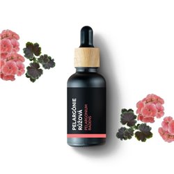 Skleněná lahvička s 10 ml 100% přírodního esenciálního oleje Pelargónie růžová od značky Pěstík, který má afrodiziakální účinky.