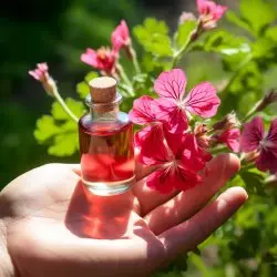 Esenciální olej Pelargónie růžová od značky Pěstík o objemu 10 ml, určený k podpoře hormonální rovnováhy.