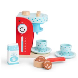 Dřevěný dětský kávovar New Classic Toys v červenomodré kombinaci.