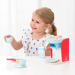 Dřevěný dětský kávovar New Classic Toys v červenomodré kombinaci. Vhodný pro děti od 3 let.