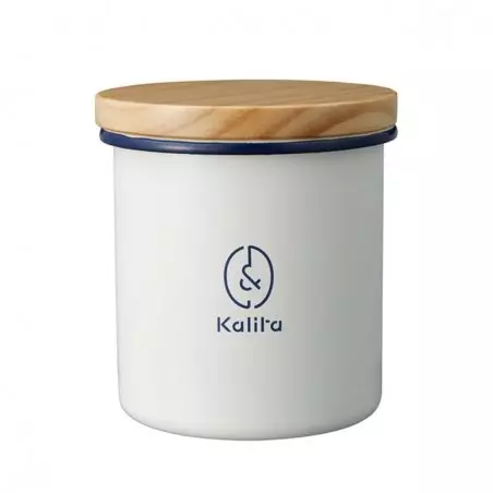 Kalita smaltovaná dóza s dřevěným víkem. Objem 760 ml.