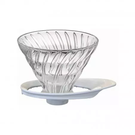 HARIO V60-02 – skleněný dripper v bílé barvě s vylepšenou základnou (VDGR-02-W).