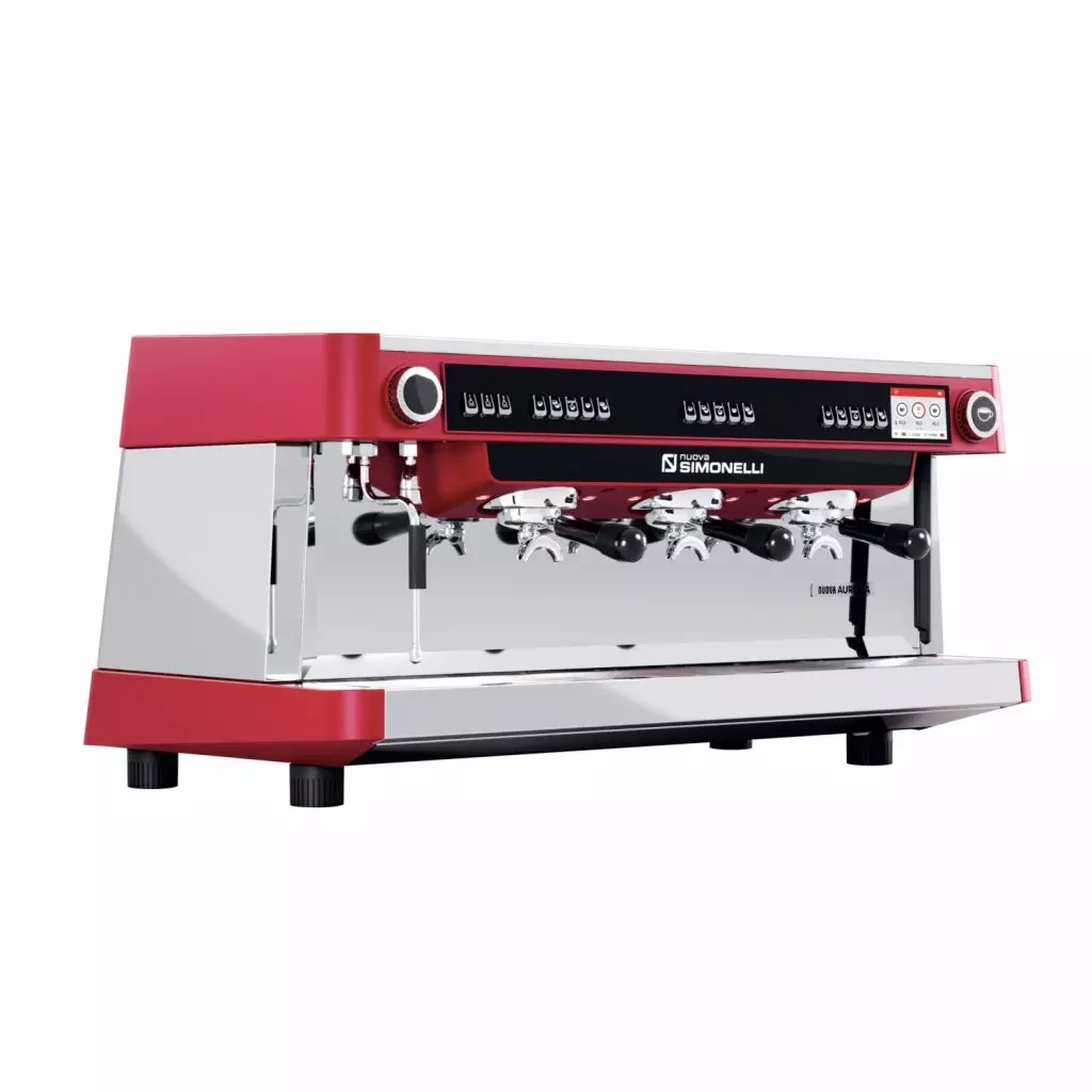 Červený profesionální pákový kávovar Nuova Simonelli Aurelia UX 2GR, ideální pro přípravu espressa.