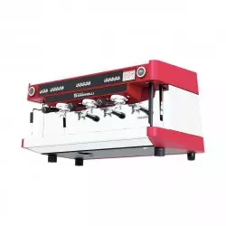 Profesionální třípákový kávovar Nuova Simonelli Aurelia MP 2GR v červené barvě.