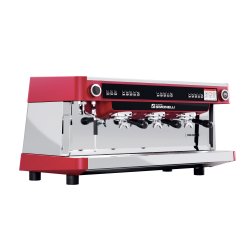 Profesionální třípákový kávovar Nuova Simonelli Aurelia Volumetric 3GR v červené barvě.