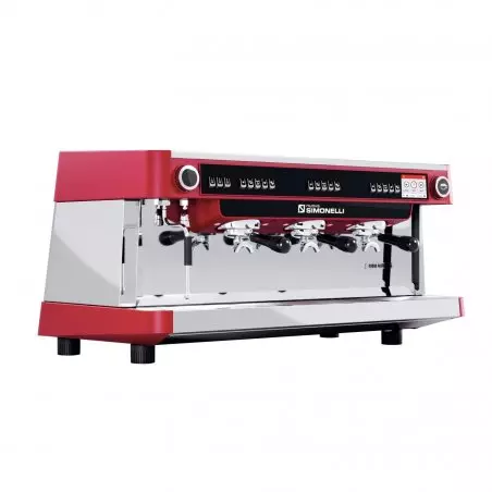 Profesionální třípákový kávovar Nuova Simonelli Aurelia Volumetric 2GR v červené barvě.