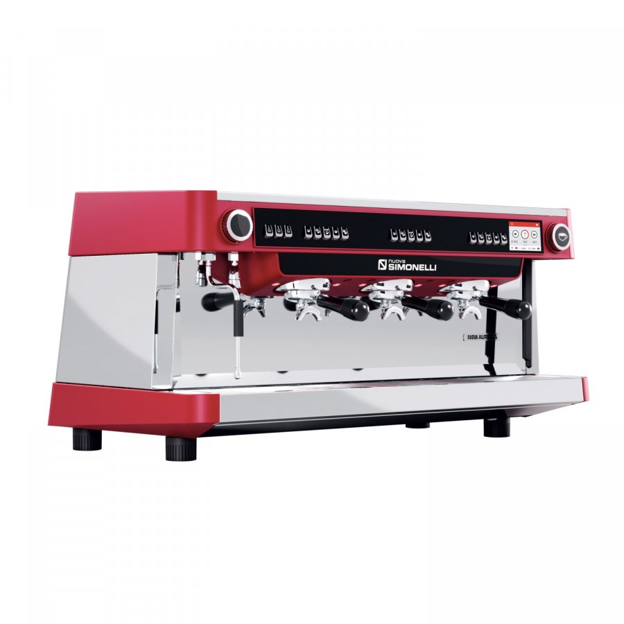 Profesionální třípákový kávovar Nuova Simonelli Aurelia Volumetric XT 2GR v červené barvě.