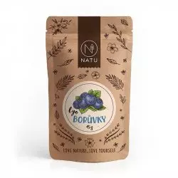 Balení lyofilizovaných borůvek značky NATU o hmotnosti 45g, ideální pro zdravé mlsání.