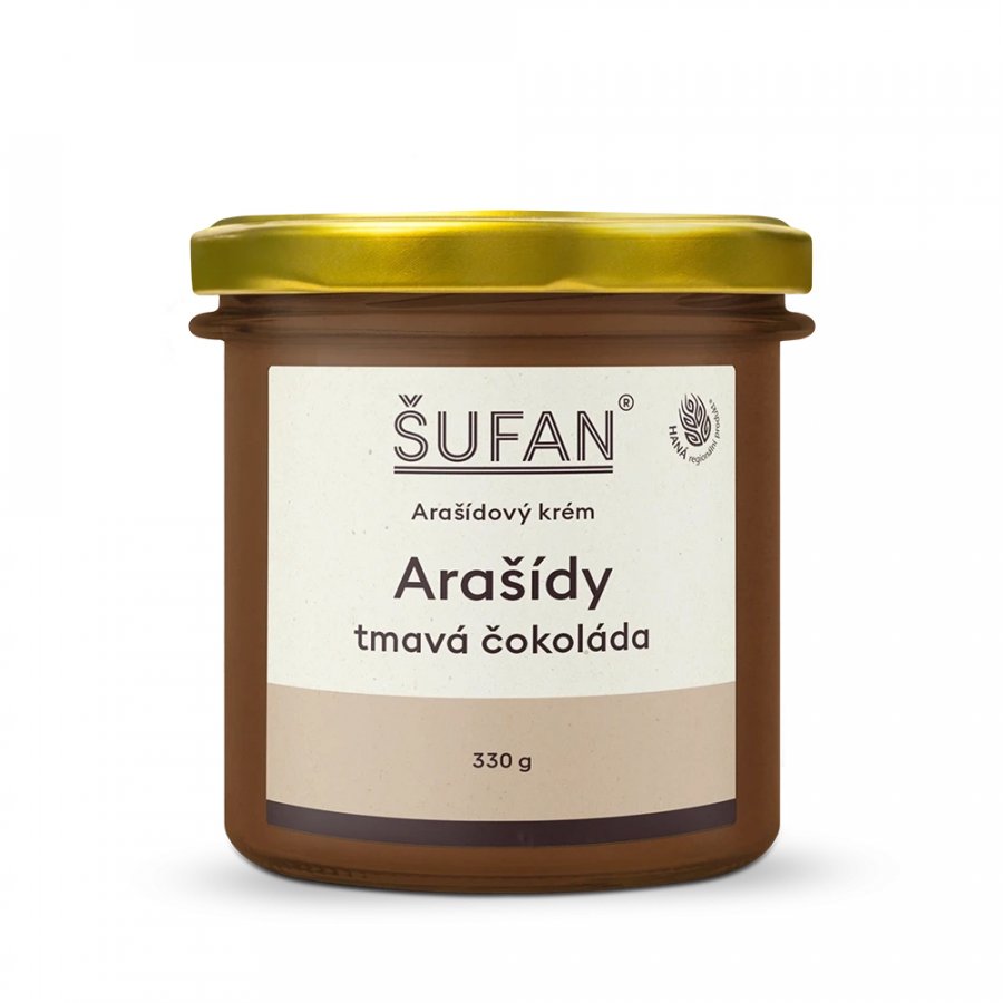 Šufan arašídovo-čokoládové máslo ve skleněné nádobě se zlatým víkem