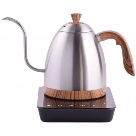 Stříbrná elektrická konvice s dřevěným madlem na černém podstavci na bílém pozadí