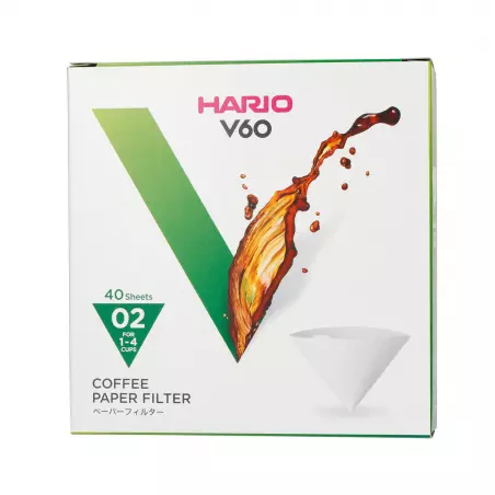 Balení 40 bílých papírových filtrů Hario V60-02 VCF-02-40W pro přípravu kávy, vyrobené z kvalitního papíru.