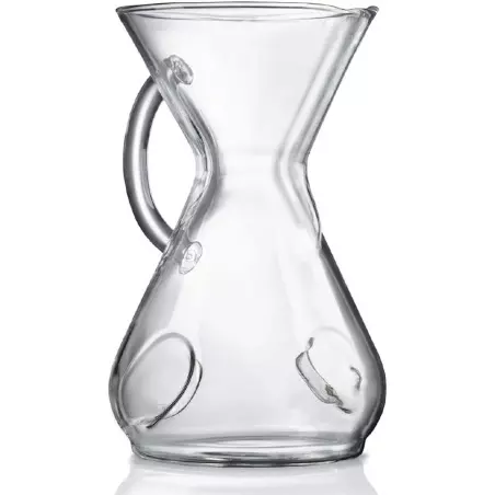 Skleněný Chemex s rukojetí a objemem 1200 ml, ideální pro přípravu filtrované kávy.