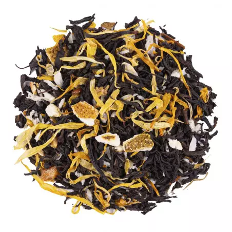 Černý čaj BIO Coconut Kissed Orange značky Green Plantation nabízí osvěžující ovocné aroma s nádechem kokosového ořechu.