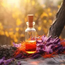 Skleněná lahvička s 10 ml 100% přírodního esenciálního oleje Kumkumadi od značky Pěstík, známého svým afrodiziakálním účinkem.