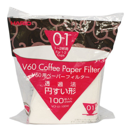 Bílé papírové filtry Hario V60 01, balení 100 ks, krabička zepředu