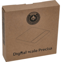 Hnědá papírová krabice se sadou externí váhy, na potisku logo a nákres váhy