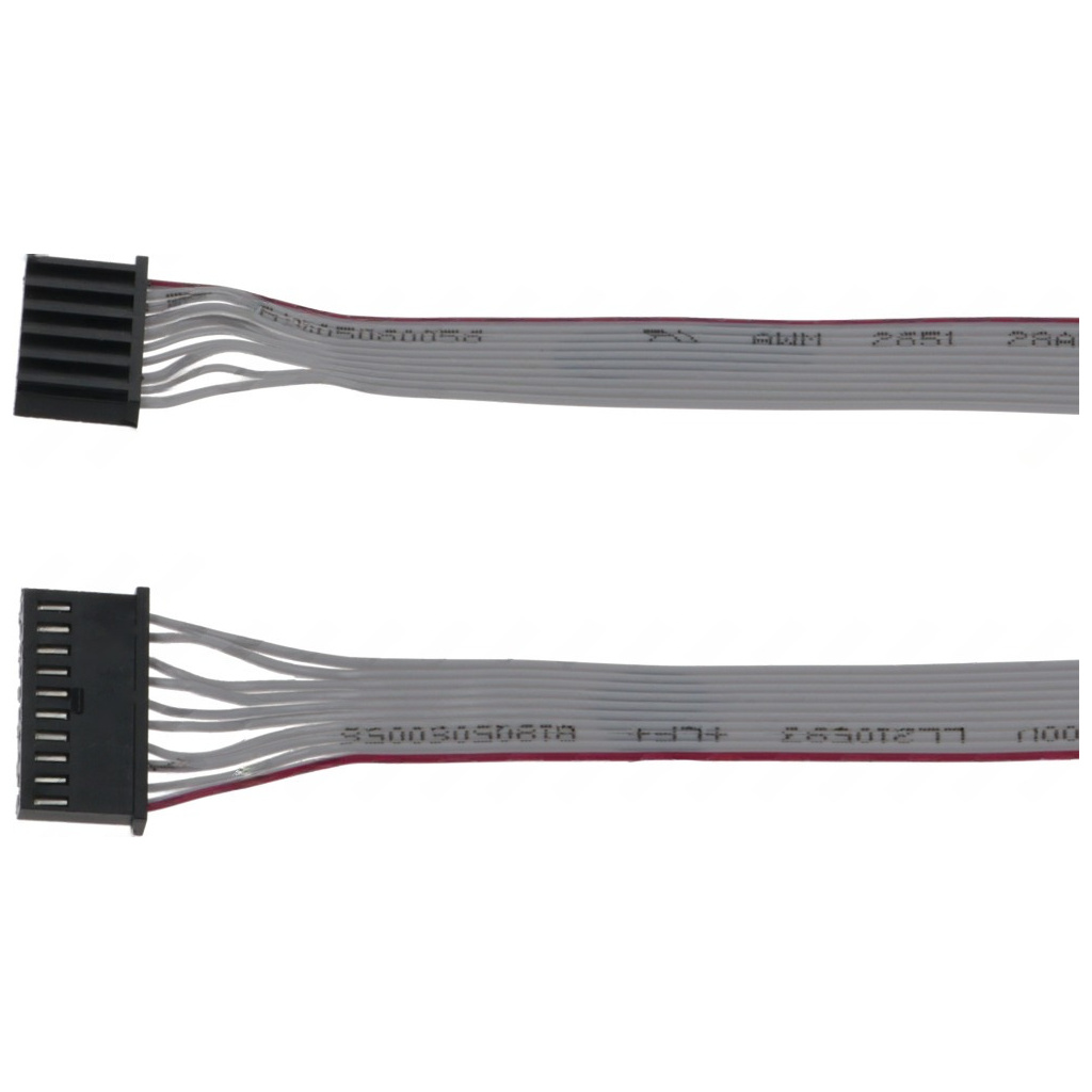 Šedý plochý kabel s deseti žilami a konektory na obou koncích