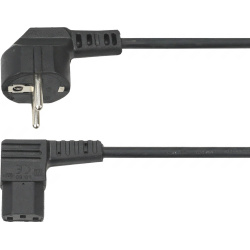 Černý síťový kabel se zahnutou vidlicí a zahnutým konektorem pro spotřebič na druhé straně Černý síťový kabel se zahnutou vidlicí a zahnutým konektorem pro spotřebič na druhé straně