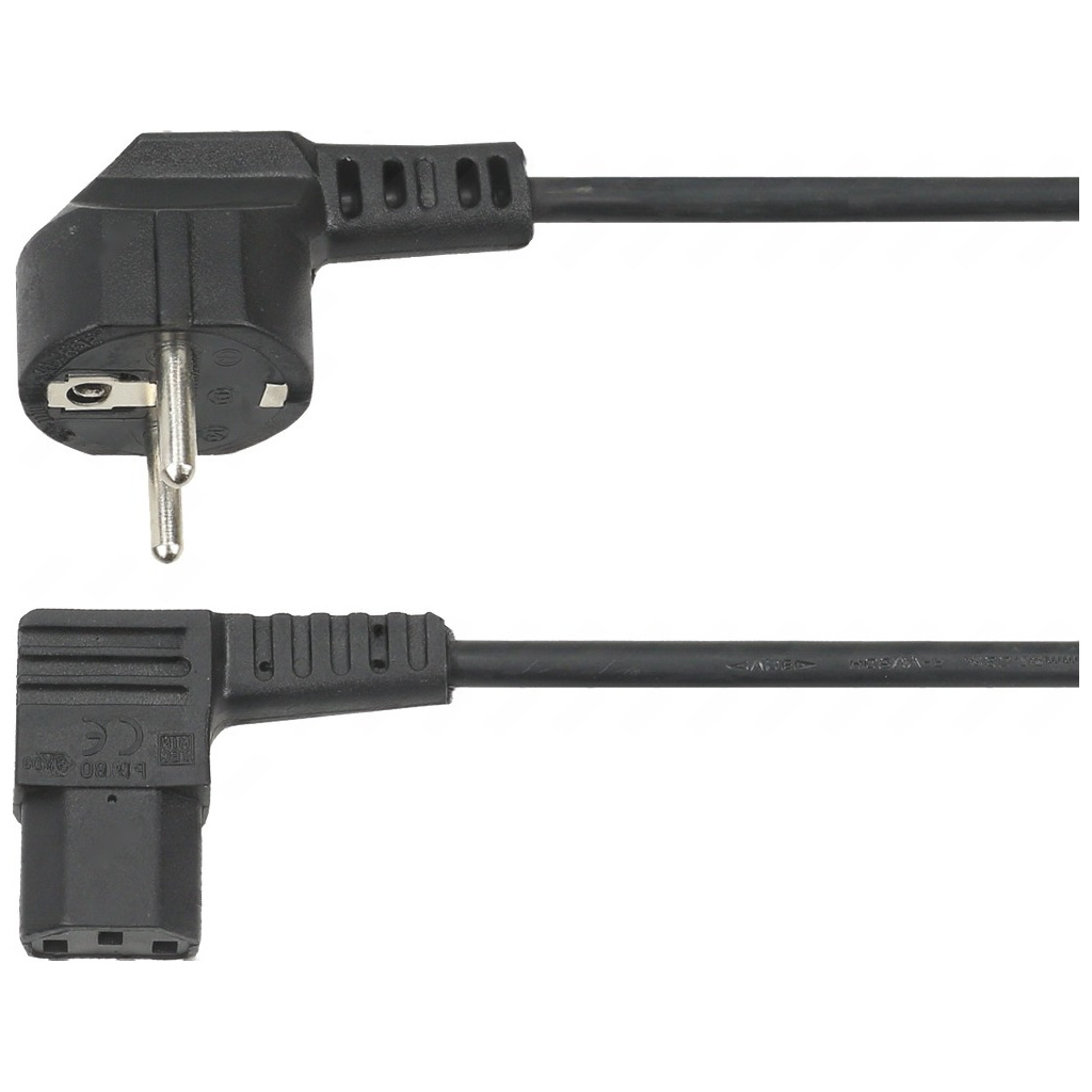 Černý síťový kabel se zahnutou vidlicí a zahnutým konektorem pro spotřebič na druhé straně Černý síťový kabel se zahnutou vidlicí a zahnutým konektorem pro spotřebič na druhé straně