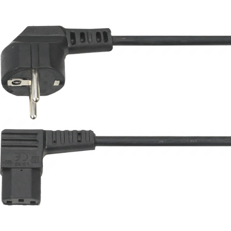 Černý síťový kabel se zahnutou vidlicí a zahnutým konektorem pro spotřebič na druhé straně