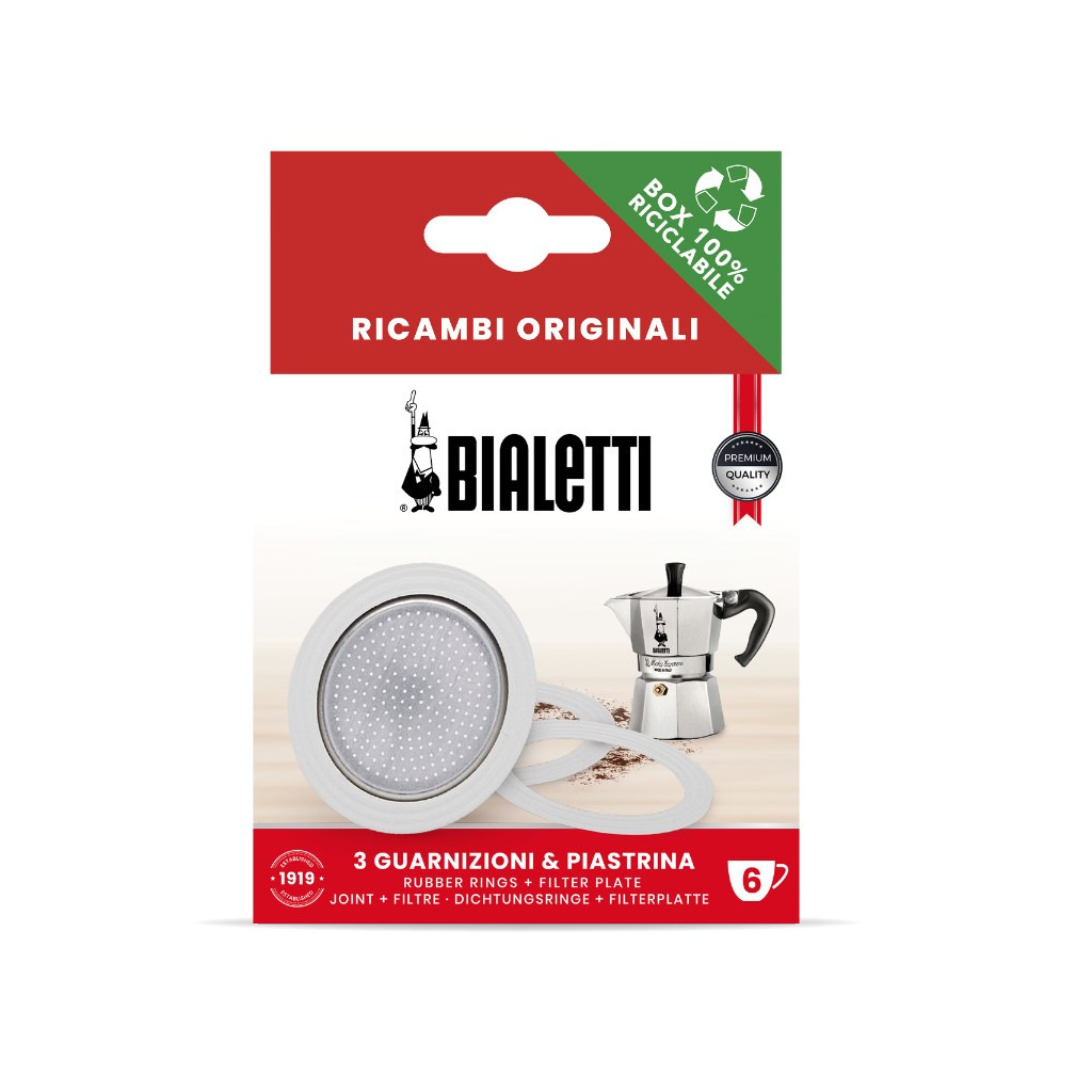 Sada tří těsnění a filtru Bialetti pro konvičky Moka Express, Timer a Rainbow na 12 porcí