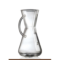 Skleněný Chemex na tři šálky, 450 ml, se skleněnou rukojetí, pohled zepředu Skleněný Chemex na tři šálky, 450 ml, se skleněnou rukojetí, pohled zepředu