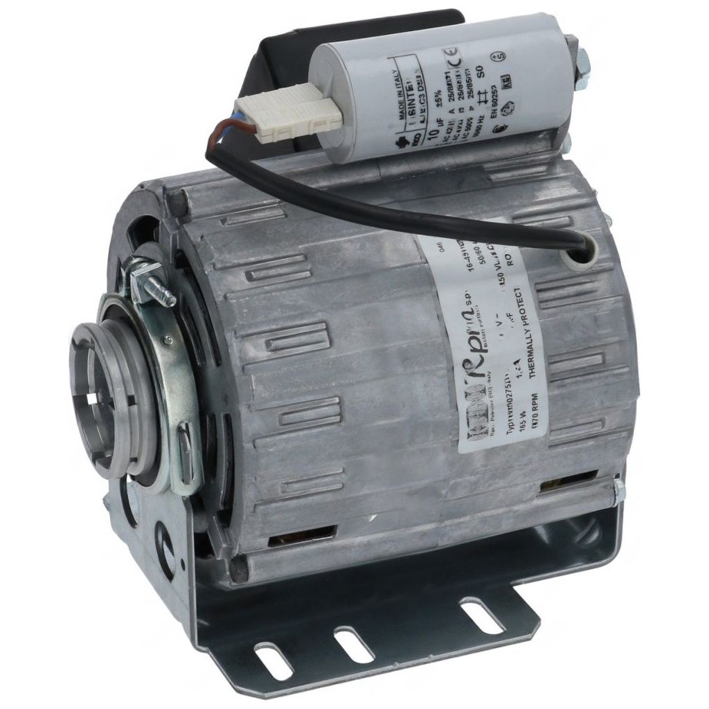 Elektromotor s objímkovým uchycením, nahoře válcový kondenzátor a černý kabel s konektorem