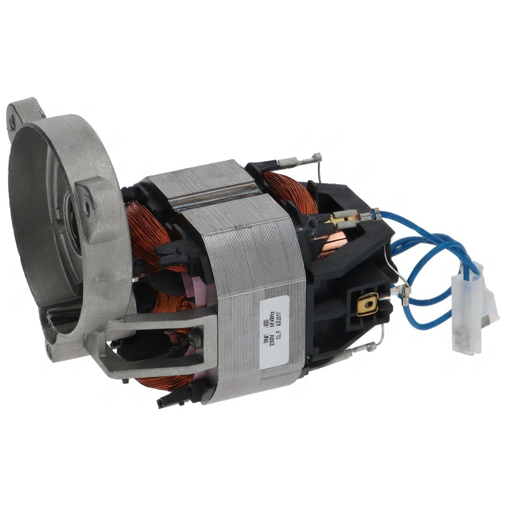 Motor mlýnku Ascaso: stator s měděným vinutím, kryt ventilátoru a konektor s vodiči Motor mlýnku Ascaso: stator s měděným vinutím, kryt ventilátoru a konektor s vodiči