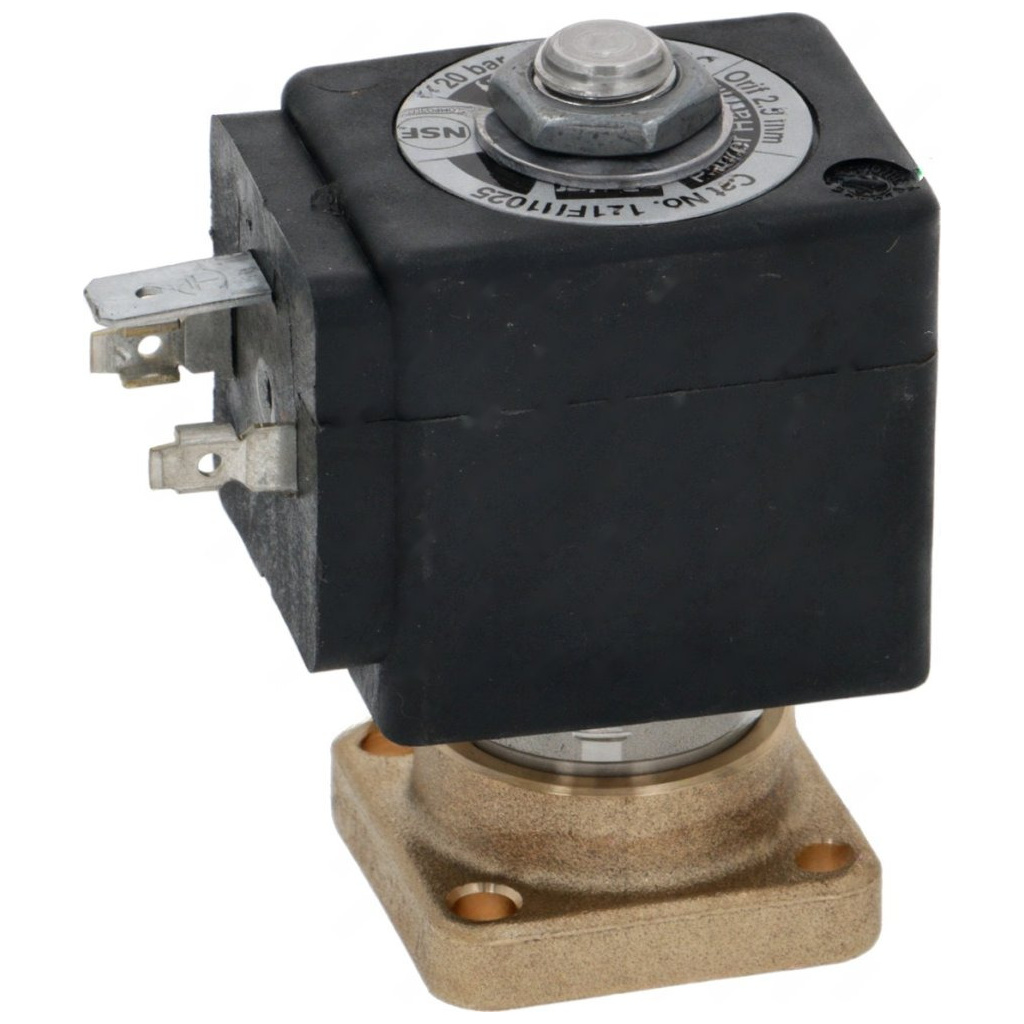 Elektromagnetický ventil s černou cívkou a mosaznou přírubou se čtyřmi otvory Elektromagnetický ventil s černou cívkou a mosaznou přírubou se čtyřmi otvory