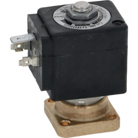 Elektromagnetický ventil s černou cívkou a mosaznou přírubou se čtyřmi otvory