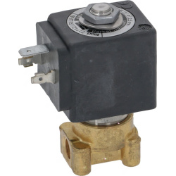 Elektromagnetický ventil s černou cívkou a mosazným tělem se dvěma vývody, pohled zepředu Elektromagnetický ventil s černou cívkou a mosazným tělem se dvěma vývody, pohled zepředu