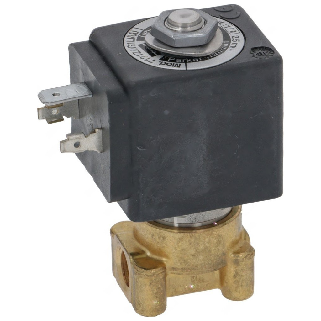 Elektromagnetický ventil s černou cívkou a mosazným tělem se dvěma vývody, pohled zepředu Elektromagnetický ventil s černou cívkou a mosazným tělem se dvěma vývody, pohled zepředu