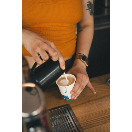 Tříhodinový kurz latte art pro začátečníky, ukázka tvorby kresby do mléčné pěny