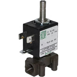 Černý elektromagnetický ventil s kovovým hrdlem pro hadici nahoře a závitovým tělem se dvěma vývody
