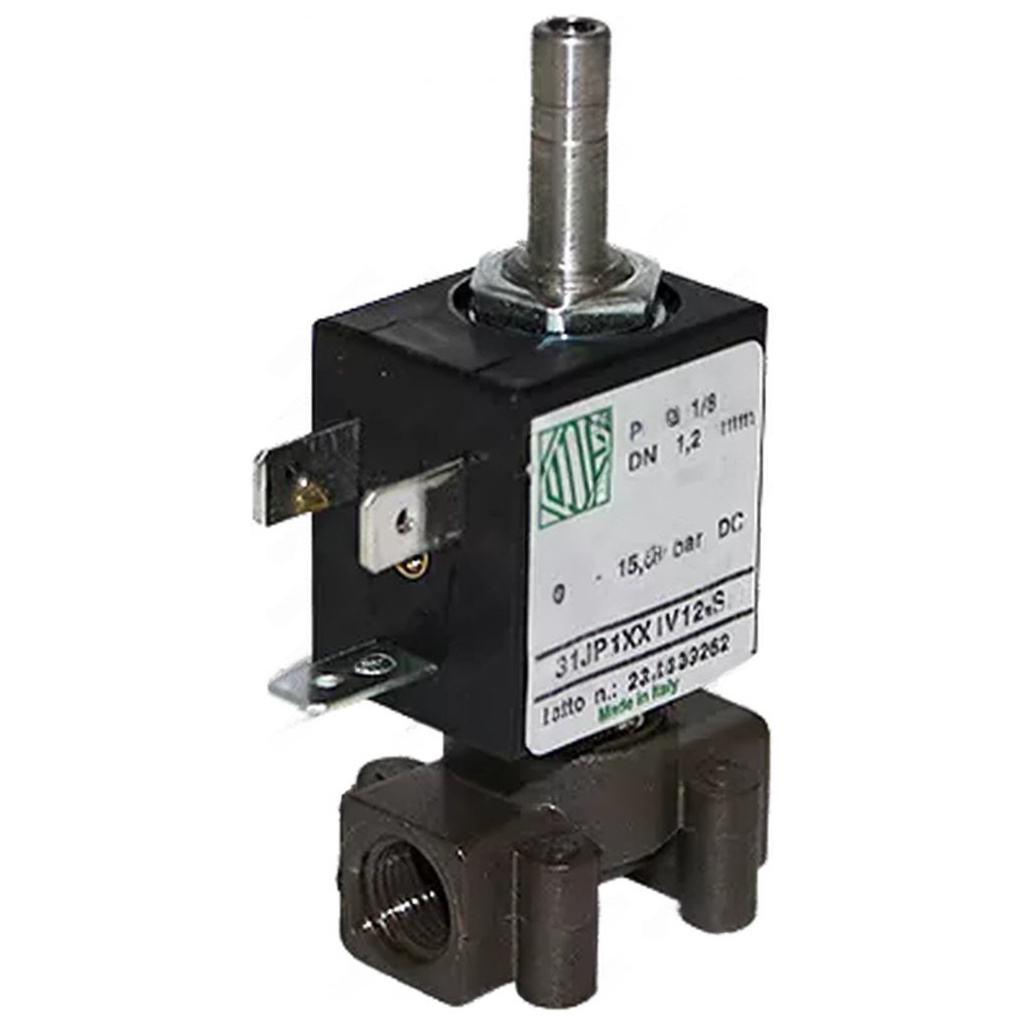 Černý elektromagnetický ventil s kovovým hrdlem pro hadici nahoře a závitovým tělem se dvěma vývody