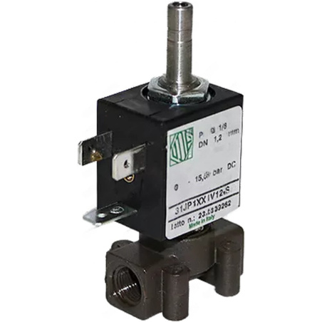 Černý elektromagnetický ventil s kovovým hrdlem pro hadici nahoře a závitovým tělem se dvěma vývody