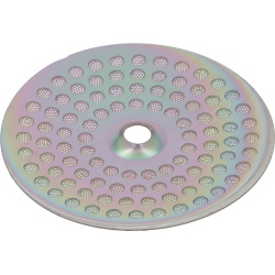 Zblízka perforovaný kovový disk sítka Nanotec s duhovým nádechem Zblízka perforovaný kovový disk sítka Nanotec s duhovým nádechem