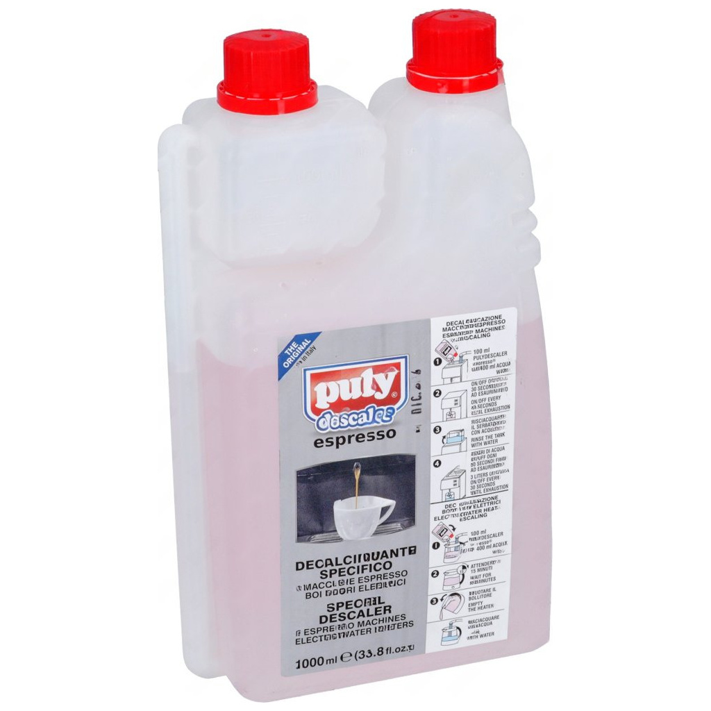 Dvě spojené plastové lahve odvápňovače s červenými uzávěry a růžovou tekutinou, 1000 ml
