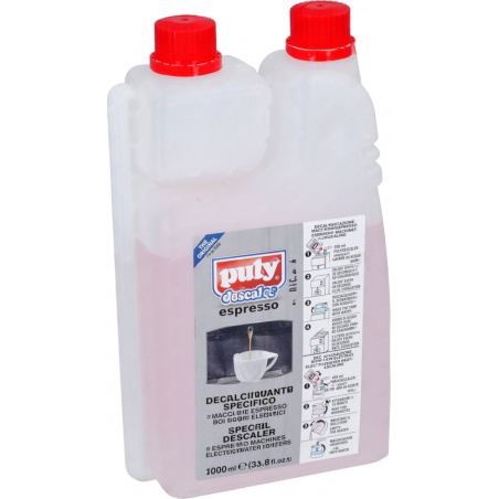 Dvě spojené plastové lahve odvápňovače s červenými uzávěry a růžovou tekutinou, 1000 ml