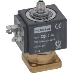 Elektromagnetický ventil s černou cívkou, hrdlem na hadici nahoře a mosazným tělem