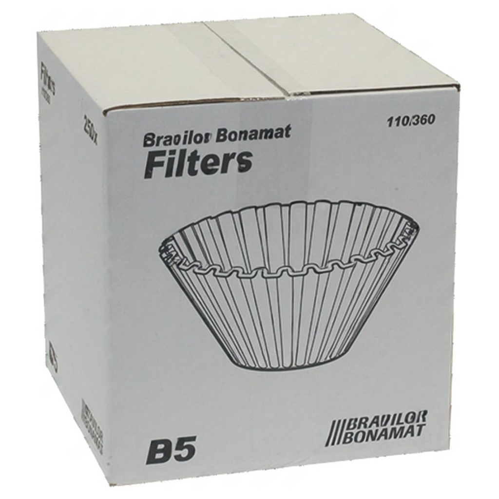 Obal s papírovými košíčkovými filtry pro stroje Bravilor Bonamat, na něm nákres skládaného filtru