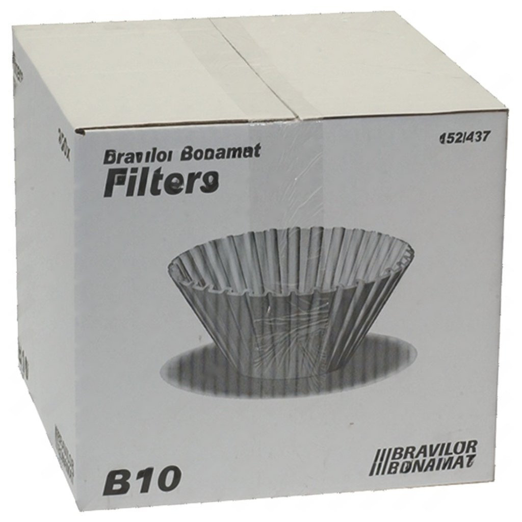 Balení košíčkových papírových filtrů pro velké překapávače, na krabici je schéma rozloženého filtru