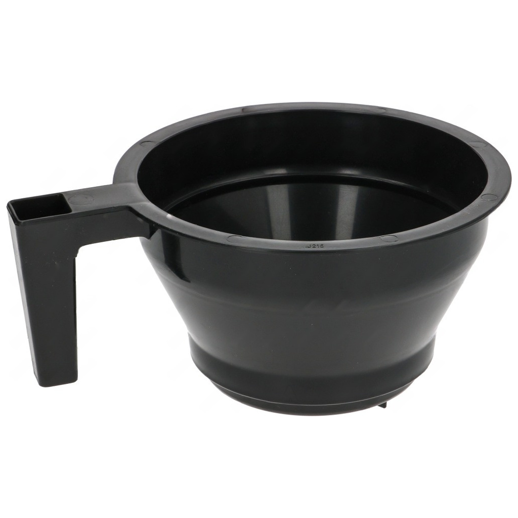 Černý plastový košík pro držák filtru, tvarem připomíná nálevku a má boční rukojeť