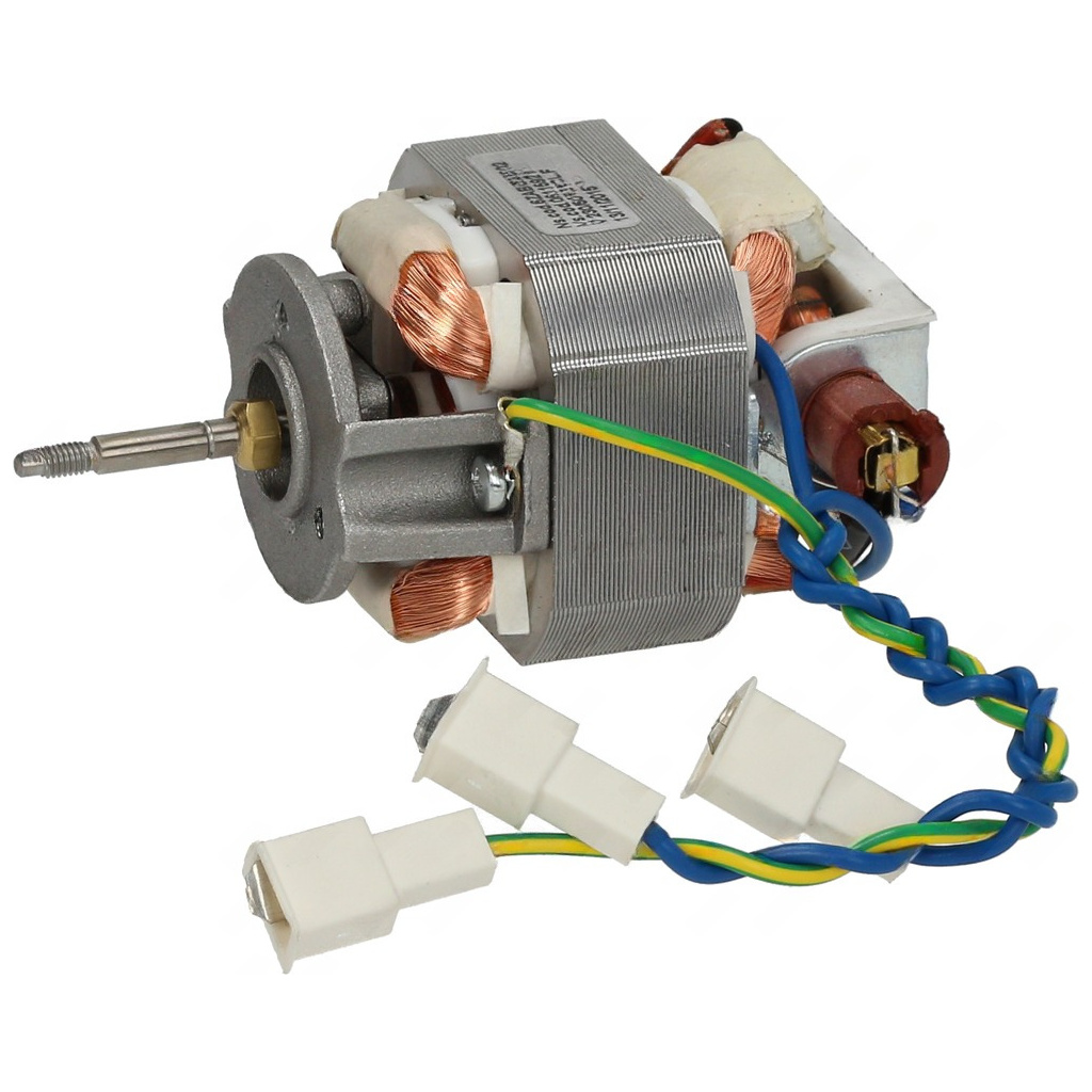 Elektromotor mixéru s měděným vinutím, hřídelí, barevnými vodiči a bílými konektory Elektromotor mixéru s měděným vinutím, hřídelí, barevnými vodiči a bílými konektory