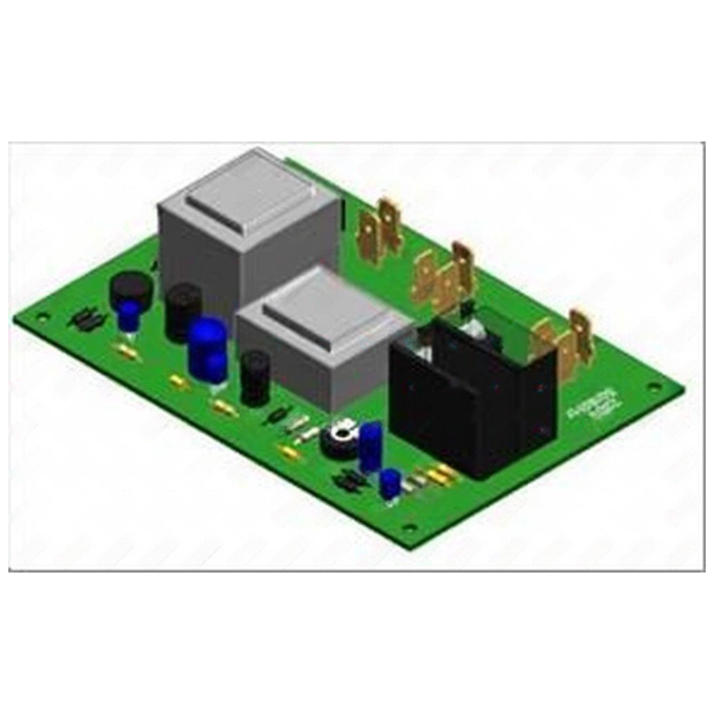 Počítačové vykreslení zelené elektronické desky s transformátory, relé a konektory