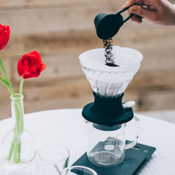 Odměrka Hario V60 při dávkování kávy do filtru